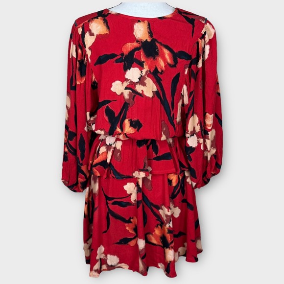 Band of the Free Floral Print Mini Dress Red Black Peplum Long Sleeve Size S NWT - Picture 2 of 10